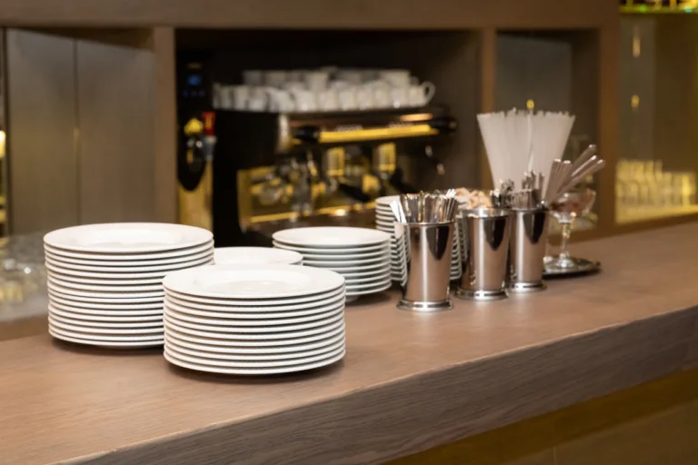 Bar counter with clean dishes close up. Barroom in restaurant, ready for work. Cafe background. Kitchen utensils, cookware (cups, a stack of plates, saucers, spoons, a teapot) on bar in cafe foodservice equipment buying group