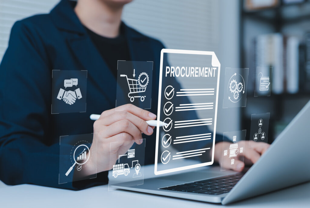 Procurement technology and management Concept. Businessperson using procurement checklist representing procurement, logistics, inventory, supply chain, vendor, acquisition, warehouse, and purchasing processes.